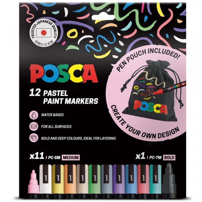 Uni Posca PC-5M 12 Pastel Pack + Pouch